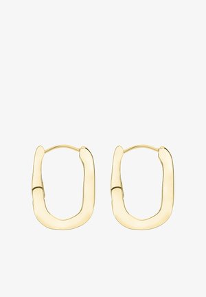 Goldfarbene Hängeohrringe in rechteckiger, abgerundeter Form. Glatte, glänzende Oberfläche mit sicherem Schnappverschluss.