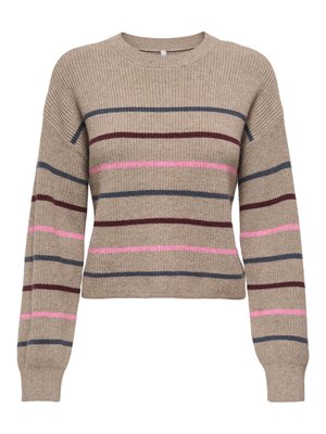 Beige ribbed sweater with long sleeves, featuring horizontal stripes in pink, burgundy, and blue. Classic crew neck design.