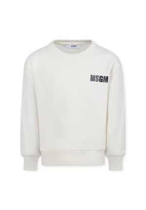 Biała bluza z okrągłym dekoltem i długimi rękawami, z szarym logo "MSGM" z przodu. Wykonana z miękkiego materiału o gładkiej fakturze.
