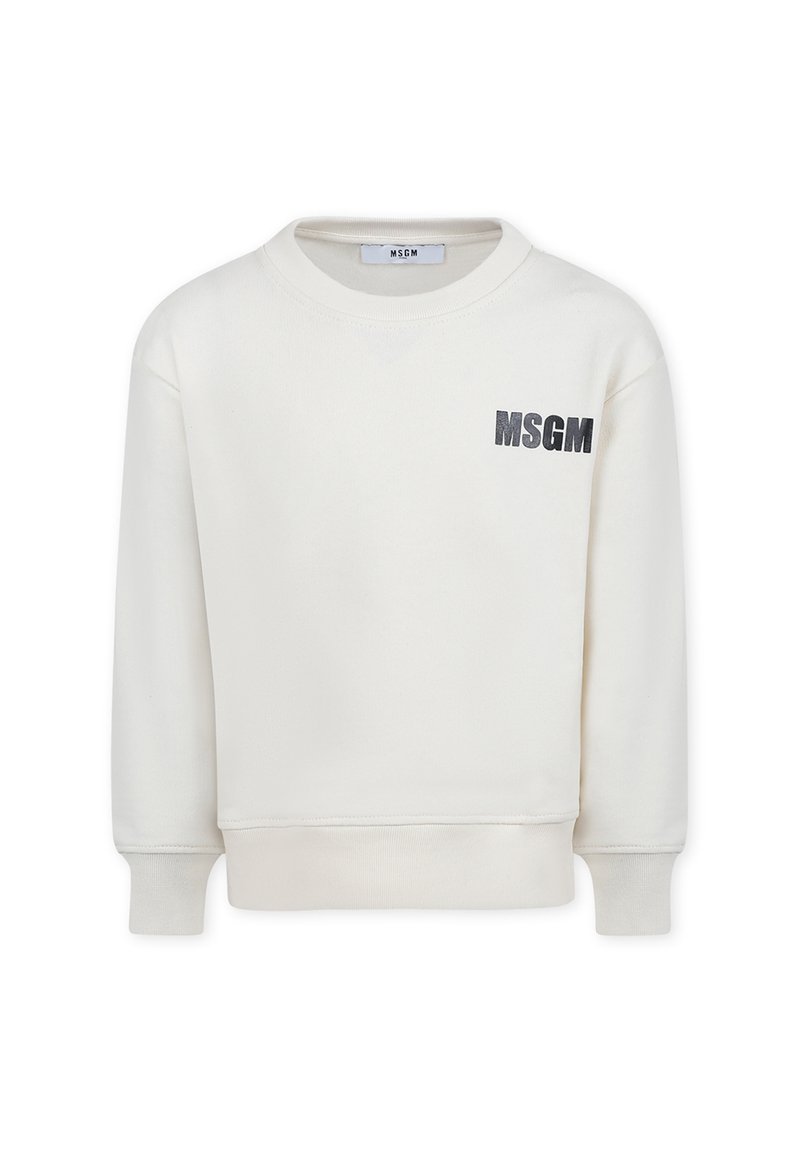 Biała bluza z okrągłym dekoltem i długimi rękawami, z szarym logo "MSGM" z przodu. Wykonana z miękkiego materiału o gładkiej fakturze.