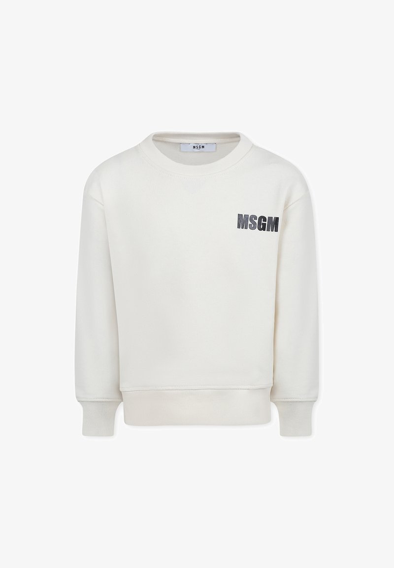 Maglione bianco con scollatura rotonda e maniche lunghe, caratterizzato da un logo grigio "MSGM" sul davanti. Realizzato in materiale morbido con una texture liscia.
