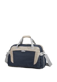 Borsa a spalla blu e beige, realizzata in nylon resistente, con manici doppi, tracolla regolabile, chiusura con zip e tasca laterale in rete.