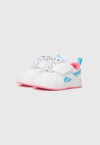 White sneakers with pink soles, blue accents, and cartoon character designs on the straps. Velcro fasteners for easy wear.