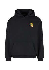 Fekete kapucnis pulóver pamut keverékből, elöl zsebbel és hímzett hamburger mintával a mellrészén. Puha tapintás és szabványos fazon.