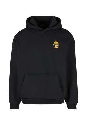 Schwarzer Hoodie aus Baumwollmischung, mit einer Fronttasche und einem gestickten Hamburger-Design auf der Brust. Weicher Stoff und normale Passform.