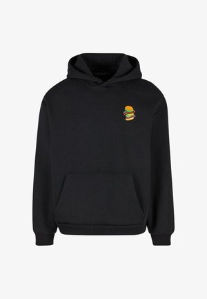 Schwarzer Hoodie aus Baumwollmischung, mit einer Fronttasche und einem gestickten Hamburger-Design auf der Brust. Weicher Stoff und normale Passform.