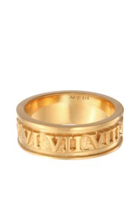 Gold ring featuring a smooth band with engraved Roman numerals and a textured pattern. Inner engraving reads "AJ 925."