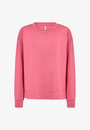 Roosa pika varrukaga ümarakaelusega dressipluus soonikkoes mansettide ja äärega, lihtsa disainiga ja pehme kangaga.