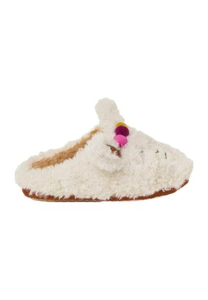 White fuzzy slipper with a soft, textured exterior, featuring a brown inner lining, colorful pom-poms, and stitched detailing on the front.