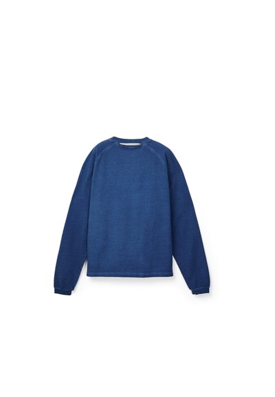 Sweat-shirt à col rond à manches longues, uni couleur bleu marine, présenté à plat avec le dos visible sur un fond blanc.