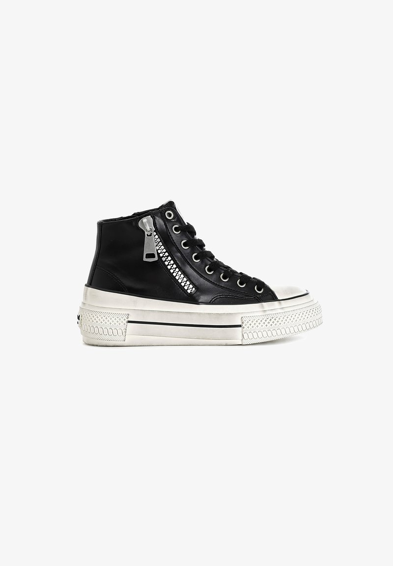 Black high-top sneaker with a textured leather upper, zipper detail, and a white rubber sole with a ribbed pattern. Silver accents included.