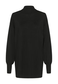 Pulover negru cu guler înalt tricotat, cu mâneci lungi tip balon și manșete drepte. Prezintă o croială lejeră și o textură moale.