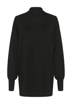 Pulover negru cu guler înalt tricotat, cu mâneci lungi tip balon și manșete drepte. Prezintă o croială lejeră și o textură moale.