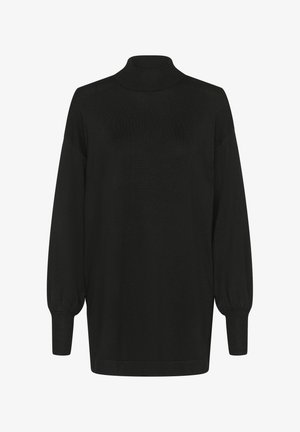 Pulover negru cu guler înalt tricotat, cu mâneci lungi tip balon și manșete drepte. Prezintă o croială lejeră și o textură moale.