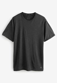 Black short-sleeve T-shirt with a round neckline, featuring a subtle striped texture and a small logo detail at the hem.