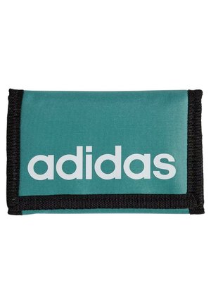 Portafoglio rettangolare Adidas color teal con bordatura nera e logo Adidas bianco centrato sulla patta frontale, chiuso e piatto.