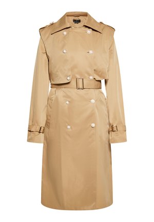 Beige Trenchcoat aus glattem Stoff, mit doppelter Knopfleiste, großen Knöpfen, tailliertem Gürtel und Klapptaschen.