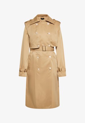 Beige Trenchcoat aus glattem Stoff, mit doppelter Knopfleiste, großen Knöpfen, tailliertem Gürtel und Klapptaschen.