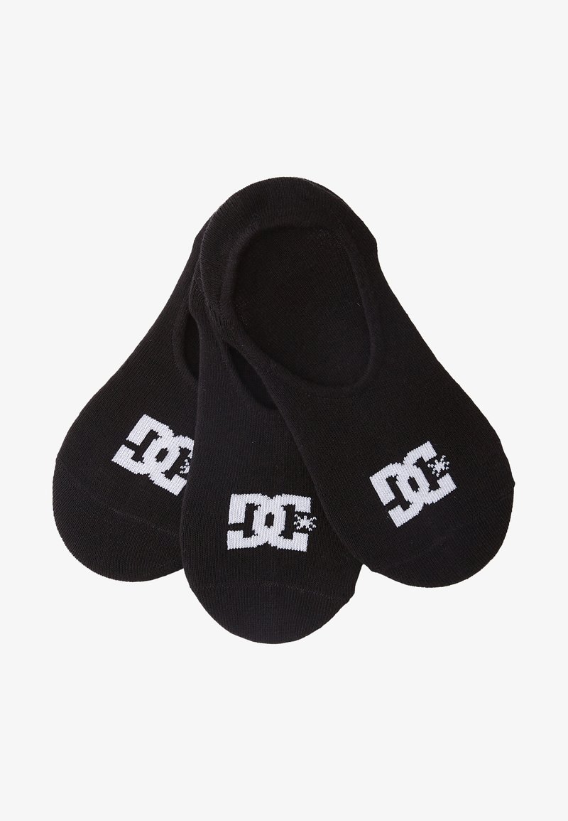 Čierne krátke ponožky bez viditeľnej časti vyrobené z bavlneného zloženia, s bielym logom DC na bokoch. Jednoduchý dizajn s hladkou textúrou.