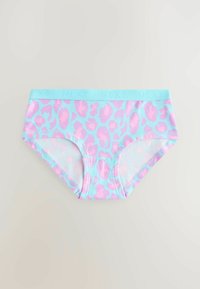 Mutande con stampa leopardata in azzurro chiaro con macchie rosa. Presentano una vita morbida con la scritta "NEXT" in rilievo. Realizzate in tessuto leggero e elasticizzato.
