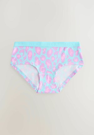 Braguitas de estampado de leopardo en azul claro con manchas rosas. Presenta una cinturilla suave con el texto "NEXT" en relieve. Fabricadas con un material ligero y elástico.