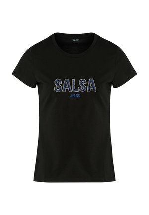Sort t-shirt med korte ærmer, der har "SALSA JEANS" i blå samt rhinestones på fronten. Glat stof med en klassisk rund halsudskæring.