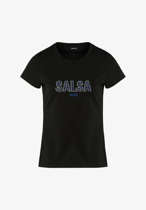 Sort t-shirt med korte ærmer, der har "SALSA JEANS" i blå samt rhinestones på fronten. Glat stof med en klassisk rund halsudskæring.