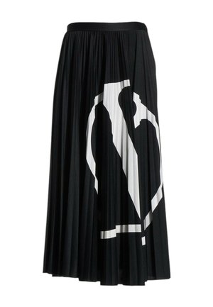 Falda midi plisada negra con un gran diseño abstracto de corazón blanco en un lado y una cintura ajustada.