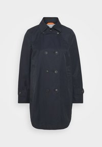 Abrigo de trench negro marino de doble botonadura con puños abotonados y bolsillos laterales, exhibido sobre un fondo blanco.