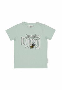 Minttuvihreä lyhythihainen t-paita, jossa on musta teksti "humlan Djojj" ja sarjakuvamainen mehiläisgrafiikka. Valmistettu pehmeästä puuvillakankaasta.