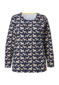 Marineblaue Langarmshirt mit einem wiederholten beigen Hundemuster, Rundhalsausschnitt und gelbem Akzent am Kragen.