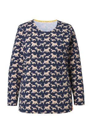 Marineblauw shirt met lange mouwen, voorzien van een herhaald beige hondenpatroon, ronde halslijn en een gele accentkleur op de kraag.
