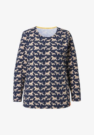 Marineblauw shirt met lange mouwen, voorzien van een herhaald beige hondenpatroon, ronde halslijn en een gele accentkleur op de kraag.