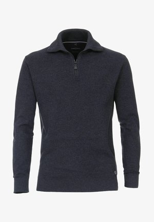 Marineblauer Pullover mit Reißverschlusskragen, langen Ärmeln, gerippten Bündchen und Saum, strukturiertem Material und einem kleinen Logoakzent.