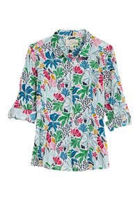 Chemise à boutons florale en bleu clair, arborant des motifs floraux vibrants en rose, vert et marine, avec des manches retroussées 3/4 et un col décontracté.