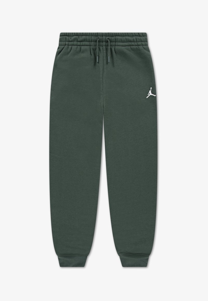Tmavě zelené jogger kalhoty vyrobené z bavlny, s elastickým pasem a šňůrkami, a bílým logem Jordan na levém stehně.