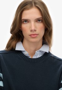 Jonge vrouw met lichtbruin golvend haar, gekleed in een blauwe gebreide trui over een blauw-wit gestreept overhemd, die recht vooruit kijkt met een neutrale uitdrukking.