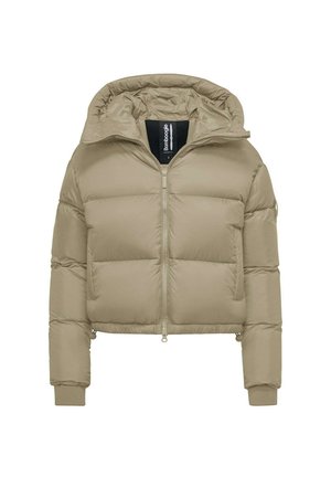 Giacca puffy beige con cappuccio, chiusura frontale a zip completa e polsini a coste. Presenta un design trapuntato e un taglio corto per calore e comfort.