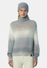 Maglione grigio a maglia con colletto alto e a coste e maniche lunghe, caratterizzato da una sfumatura ombre che va dal grigio chiaro al grigio scuro. Include un orlo a coste.