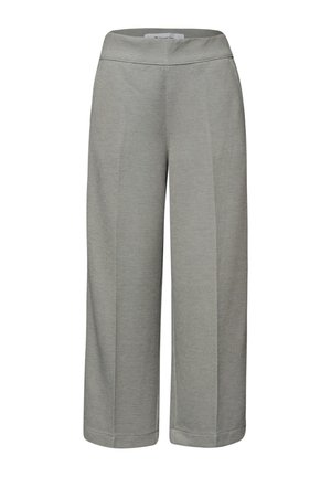 Rechte, grijze gebreide broek met elastische tailleband en voorplooi, ontworpen voor comfort en casual draagstijl.