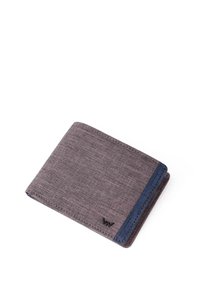 Folded wallet made of textured gray fabric with a blue accent stripe. Features a small logo in the corner. Compact, rectangular shape.