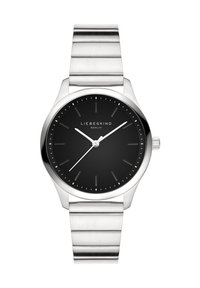 Zilveren roestvrijstalen horloge met een ronde zwarte wijzerplaat, minimalistische witte uurmarkeringen en een slanke schakelarmband. Merknaam: Liebeskind Berlin.
