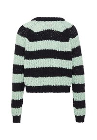 Maglione lavorato a maglia con design cropped, caratterizzato da strisce orizzontali alternate di verde menta e nero. Tessuto testurizzato, scollatura rotonda, maniche lunghe.