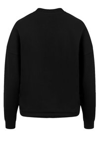 Schwarzer Sweatshirt mit Rundhalsausschnitt, langen Ärmeln, gerippten Bündchen und Saum. Hergestellt aus weichem Material, verfügt es über ein einfaches, einfarbiges Design ohne Verzierungen.