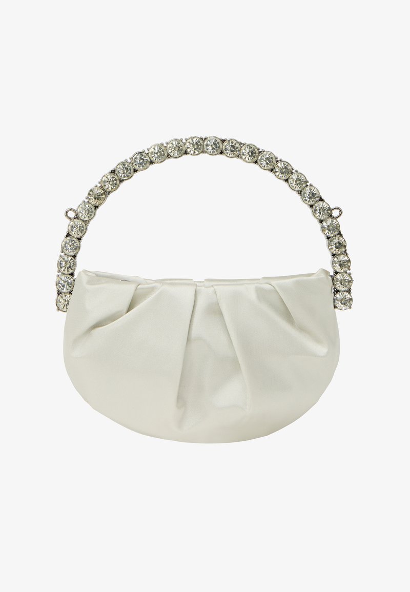 Biała satynowa torebka z plisowanym materiałem i uchwytem ozdobionym kryształkami, charakteryzująca się zaokrąglonym kształtem i gładką fakturą.