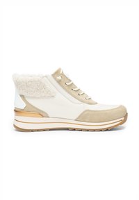 Beige mid-top sneaker featuring a textured, faux fur collar, smooth and suede panels, white laces, and a cushioned sole with a gold accent.