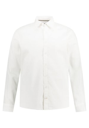 Camicia bianca a maniche lunghe in cotone con abbottonatura frontale, caratterizzata da un collo classico e un sottile motivo testurizzato all'interno del collo.