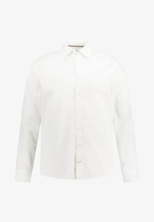 White long-sleeve shirt made of cotton with a button-down front, featuring a classic collar and subtle textured pattern inside the collar.