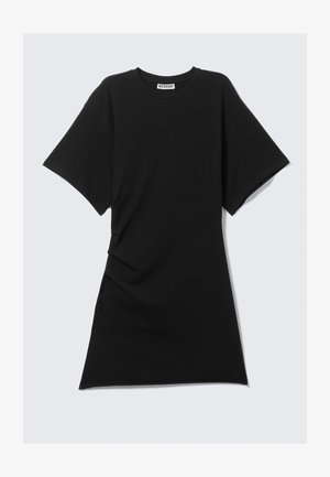 Abito in cotone nero a forma di t-shirt con scollatura rotonda, maniche corte, dettagli arricciati ai lati e orlo dritto. Texture liscia e design casual.