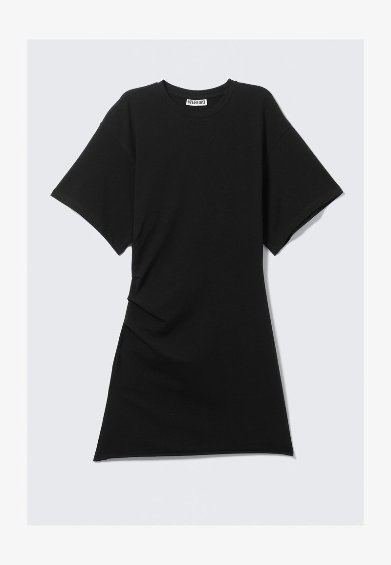 Schwarzes Baumwoll-T-Shirt-Kleid mit einem runden Halsausschnitt, kurzen Ärmeln, seitlichen Raffungdetails und einem geraden Saum. Glatte Textur und lässiges Design.